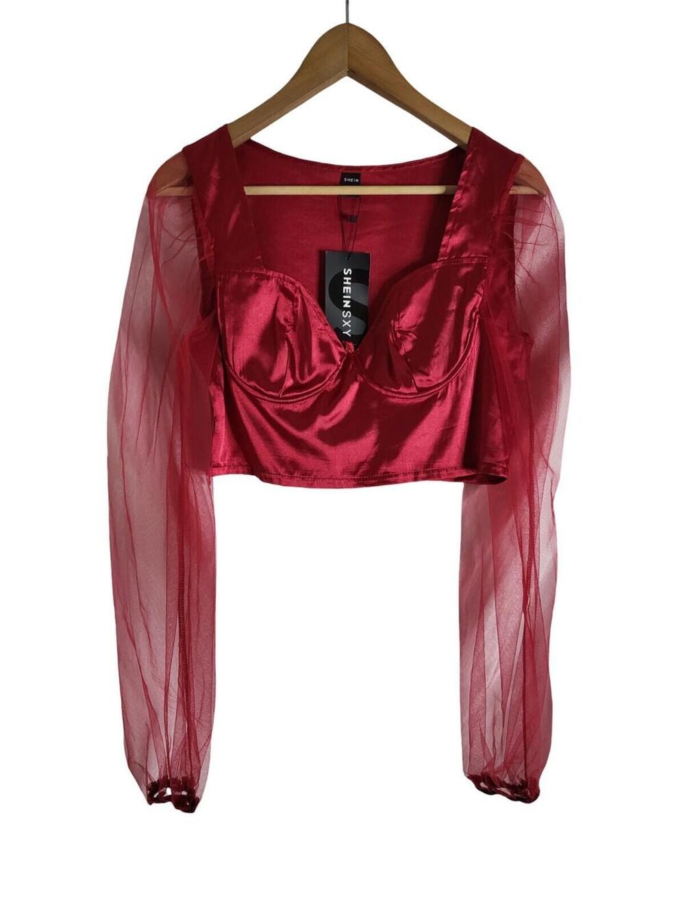 Shein SXY Sweetheart Neck Crop Top Sheer Mesh Bishop Sleeve Size Medium Nwt